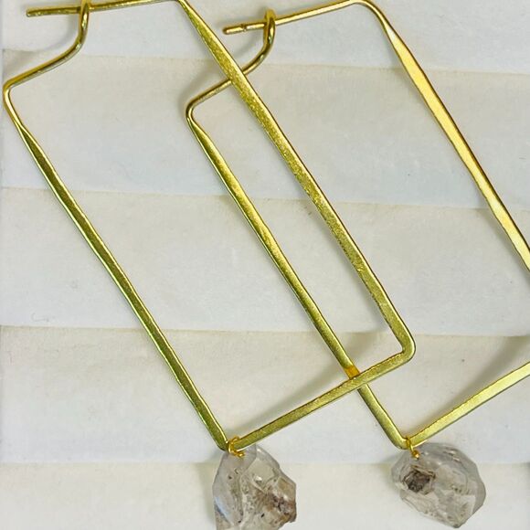 brass rectangle earrings w/ raw stone/crystal - Picture 2 of 11